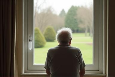 Person looking out window, symbolizing retirement.