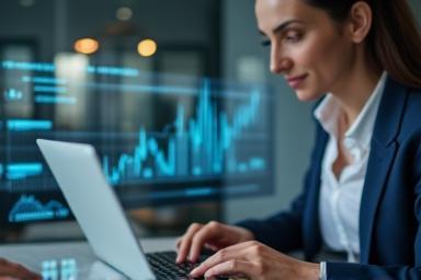 Person working on a laptop with financial graphs in the background, relevant for self-employed.